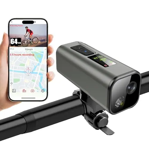 HUPEJOS 4K action camera with GPS mounted on bicycle handlebars