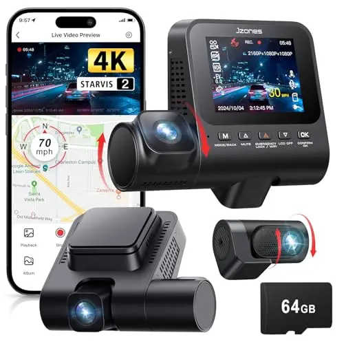 Jzones 4K 3-channel dash cam showing front, rear, and cabin view on a touchscreen display