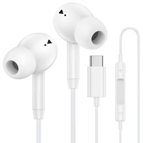 ABCPOW white USB-C wired earbuds with a clip
