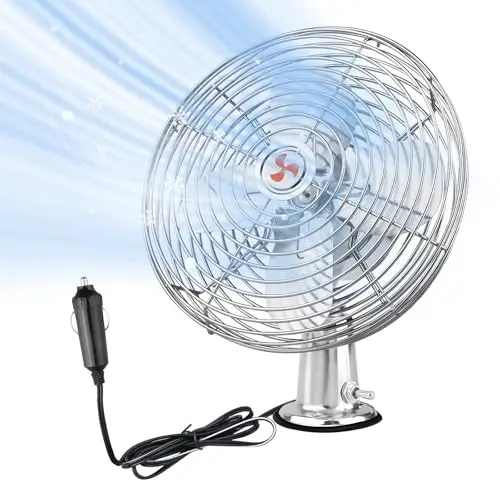 CRAFTZONE silver 8-inch heavy-duty 12V metal fan for trucks and RVs.