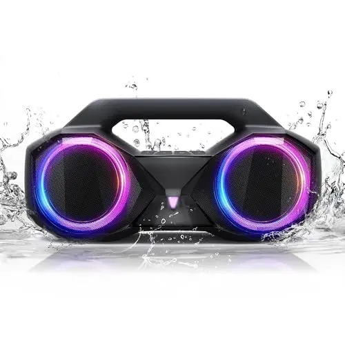 OZJ large portable Bluetooth speaker with handle and RGB lights, black color