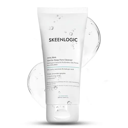 Skeenlogic 2% Salicylic Acid and 5% Lactic Acid exfoliating cleanser gel with ceramides.