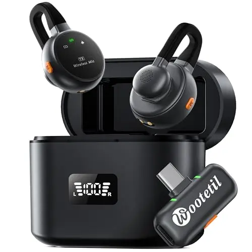Wootetil black wireless lavalier microphone with compact charging case