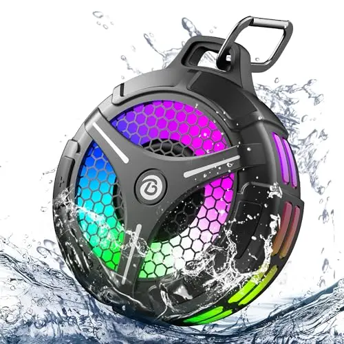 Bondidea silver rectangular shower speaker with colorful LED lights on, stuck to a wall.