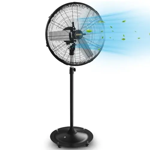 AVUXOR black industrial pedestal fan with adjustable height on a patio