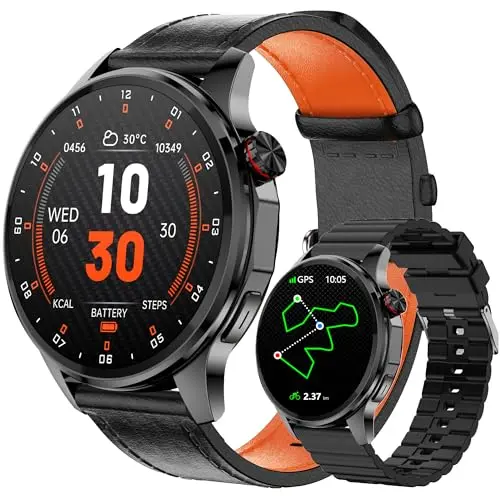 PUBU smartwatch with round display and leather strap, showing offline maps and call interface