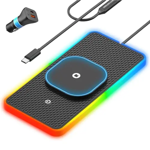 REESTECQI RGB illuminated wireless charging pad glowing in a car at night