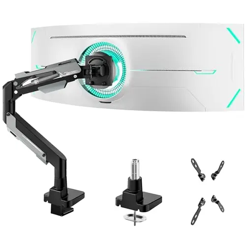 ARES WING heavy-duty black gas spring monitor arm mounted on a desk