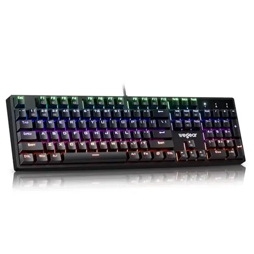 Wegear full-size mechanical gaming keyboard with blue switches and RGB backlighting.