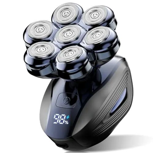 Cyruzi black electric head shaver with LED display on a gray bathroom counter