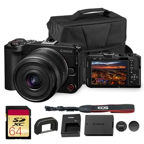 Canon EOS R50 V mirrorless camera with flip screen and 14-30mm lens