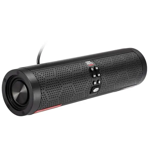 KEMIMOTO 4-speaker black sound bar with RGB LED lighting on a motorcycle handlebar