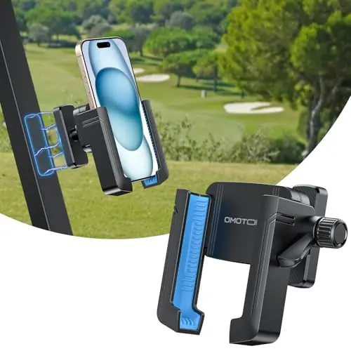 OMOTON black magnetic phone holder for golf cart on a metal surface