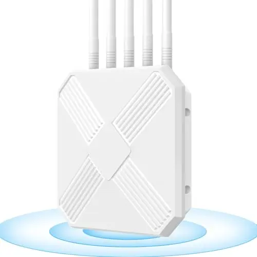 Mugatol AX3000 Outdoor WiFi 6 Extender with five high-gain antennas in a white, rugged housing.