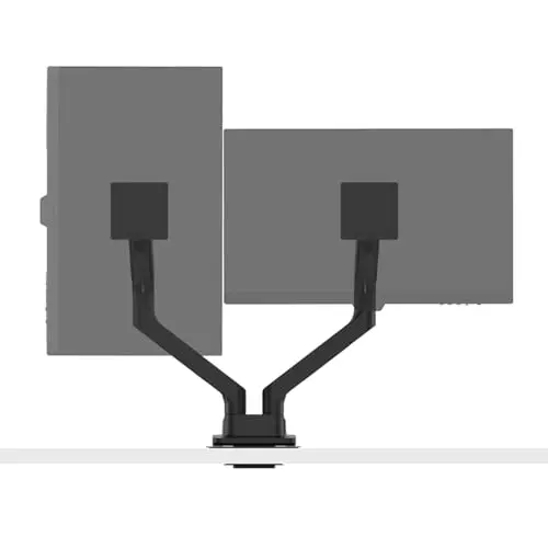 BenQ BDH01 dual monitor arm mounted on a desk, showing its sturdy base and reinforcement plate.
