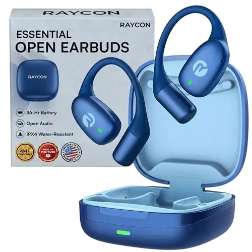 Raycon Essential open ear earbuds in blue with a minimalist design