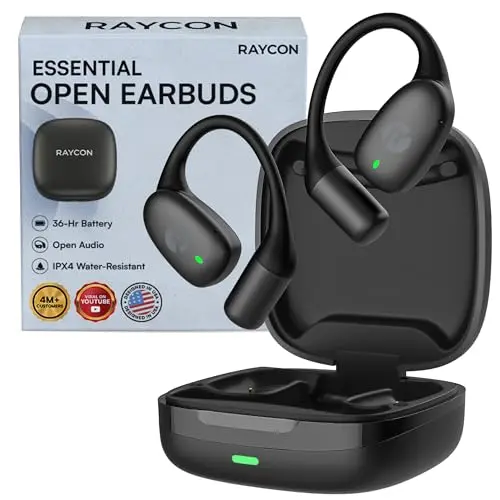 Raycon Essential open ear wireless earbuds in black with comfort hooks