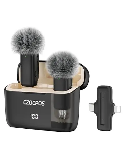 CZOCPOS wireless lavalier microphone set with charging case and wind covers