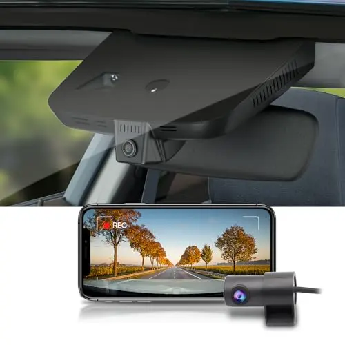 Fitcamx dash cam integrated into the rearview mirror housing of a Mercedes Sprinter van.