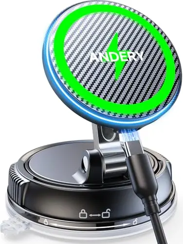 ANDERY carbon fiber MagSafe car mount charger with folding arms on a dashboard