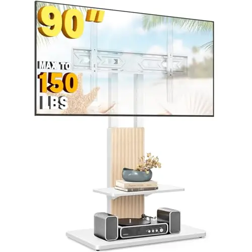 TVON white and oak floor TV stand with a large storage shelf