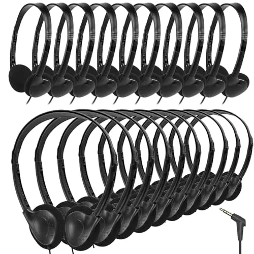 Gaosen Classroom Headphones 20-pack in black, showing simple on-ear design and bundled cables