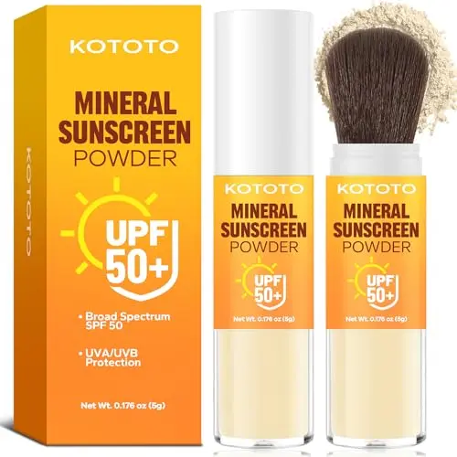 Kototo SPF 50 mineral powder sunscreen in a compact tube with brush applicator
