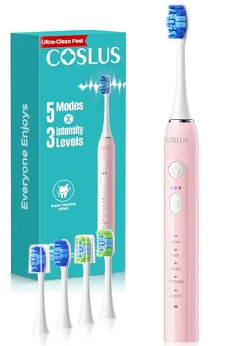 COSLUS C30 electric toothbrush in pink with slim handle and brush head cap