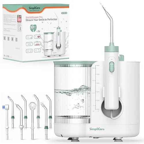 SimpliCare Pro countertop oral irrigator with multiple tips arranged around it