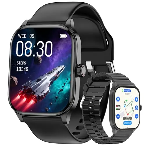 ODSSLGW rectangular smartwatch with large colorful screen showing call interface and health stats
