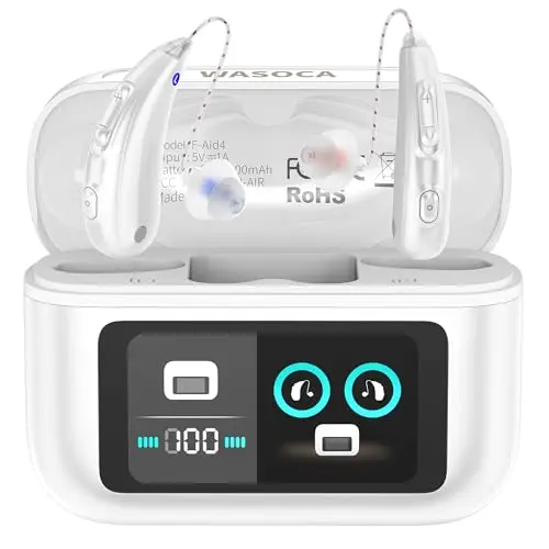 WASOCA F-Aid4 rechargeable Bluetooth hearing aids with a white charging case featuring an LED display.