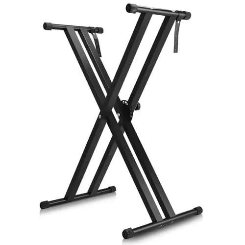 Slim black Double-X keyboard stand collapsed to show its compact travel size.