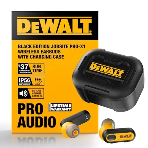 DEWALT black true wireless earbuds with charging case