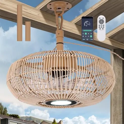 PAZALA 15 inch rattan woven bohemian style outdoor ceiling fan