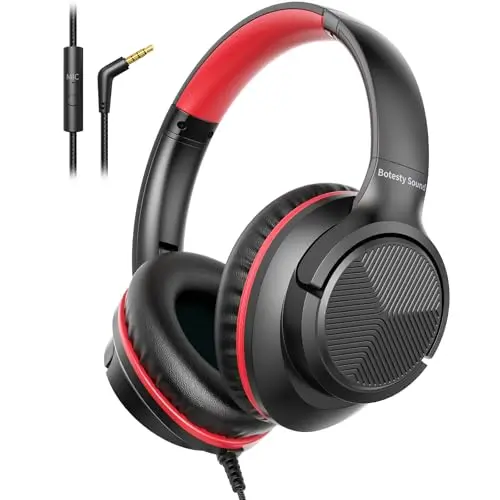 Botesty Sound over-ear foldable wired headphones in black and red with a nylon cord