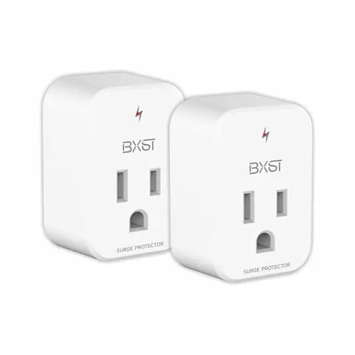 Two compact white BXST single-outlet surge protector plugs.