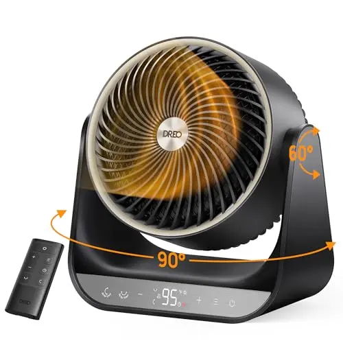 DREO Whole Room Heater 714 showing its pedestal design and control panel