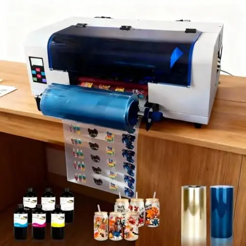 YXSM A3+ UV DTF printer with included ink bottles and film rolls