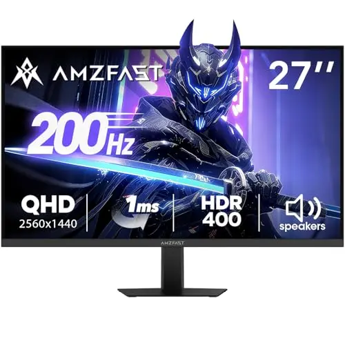 Amzfast 27-inch 1440p 200Hz gaming monitor with built-in speakers and headphone holder