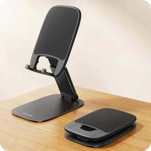 Lamicall ultra-thin black foldable phone stand showing slim profile