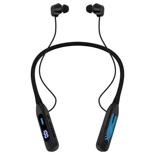 Podity black neckband headphones with a digital battery display