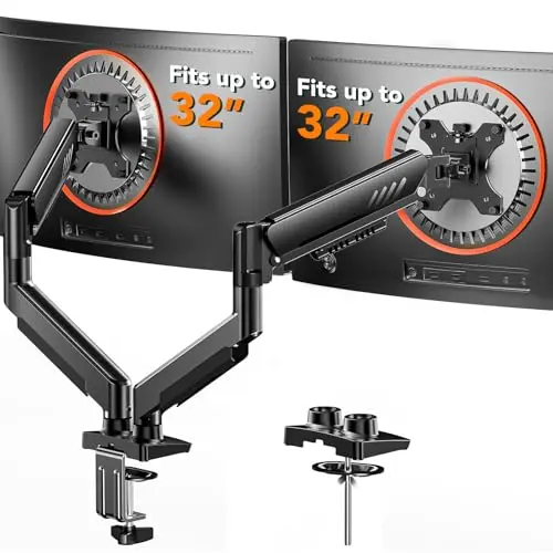 ErGear dual monitor arm holding two screens with clean cable management.