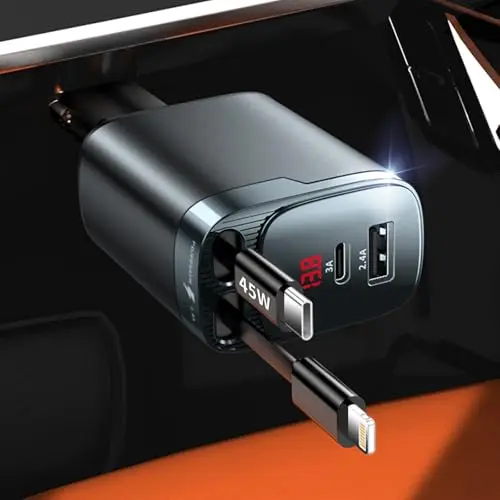 Estbuc 84W 4-in-1 Retractable Car Charger with voltage display