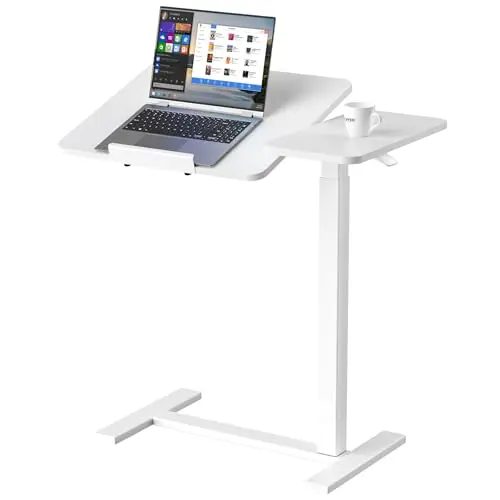 SWEETCRISPY white small standing desk with a tilting desktop and hidden wheels