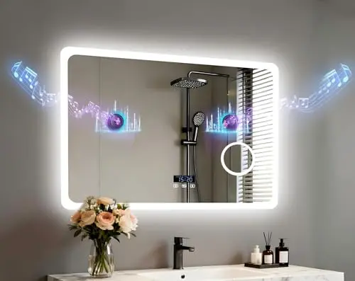 LUVODI rectangular LED bathroom mirror with built-in Bluetooth speakers and digital clock display.