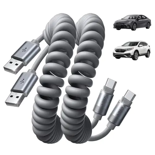 LISEN Coiled USB A to USB C Cable in space gray, extended and retracted