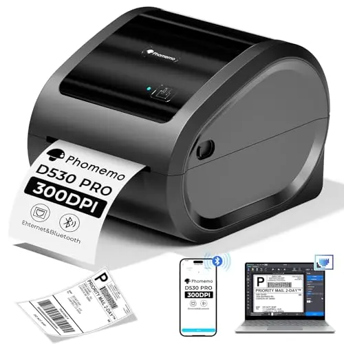 Phomemo D530Pro Ethernet thermal label printer with high-resolution labels printed