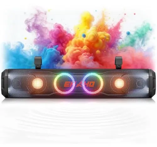 Ehaho 26-inch UTV soundbar with color-changing RGB and strobe lights installed on a side-by-side vehicle