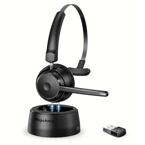Mopchnic Bluetooth headset with microphone on a charging dock