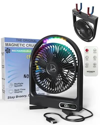 Nordmoose Magnetic Cruise Fan with RGB LED light, shown mounted on a wall
